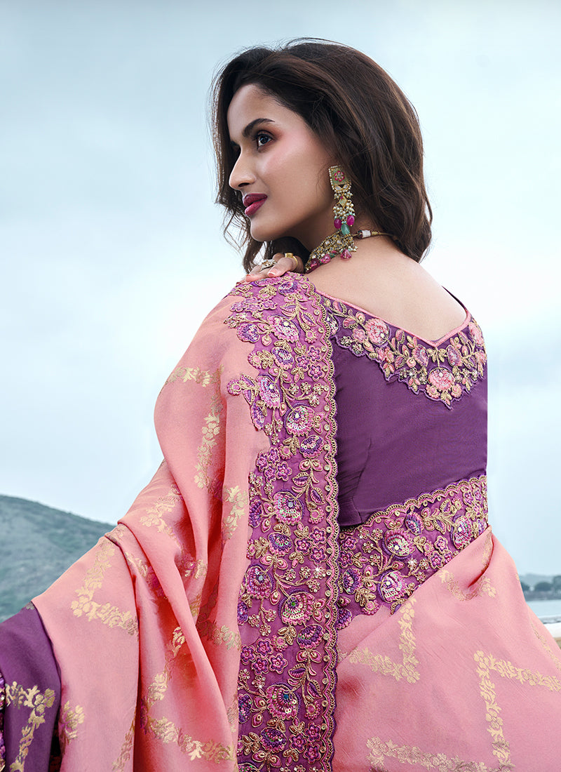 Pink And Purple Multi Embroidery Tissue Silk Saree