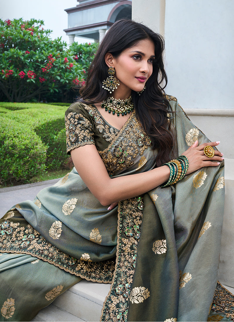 Grey Ombré Multi Embroidery Tissue Silk Saree