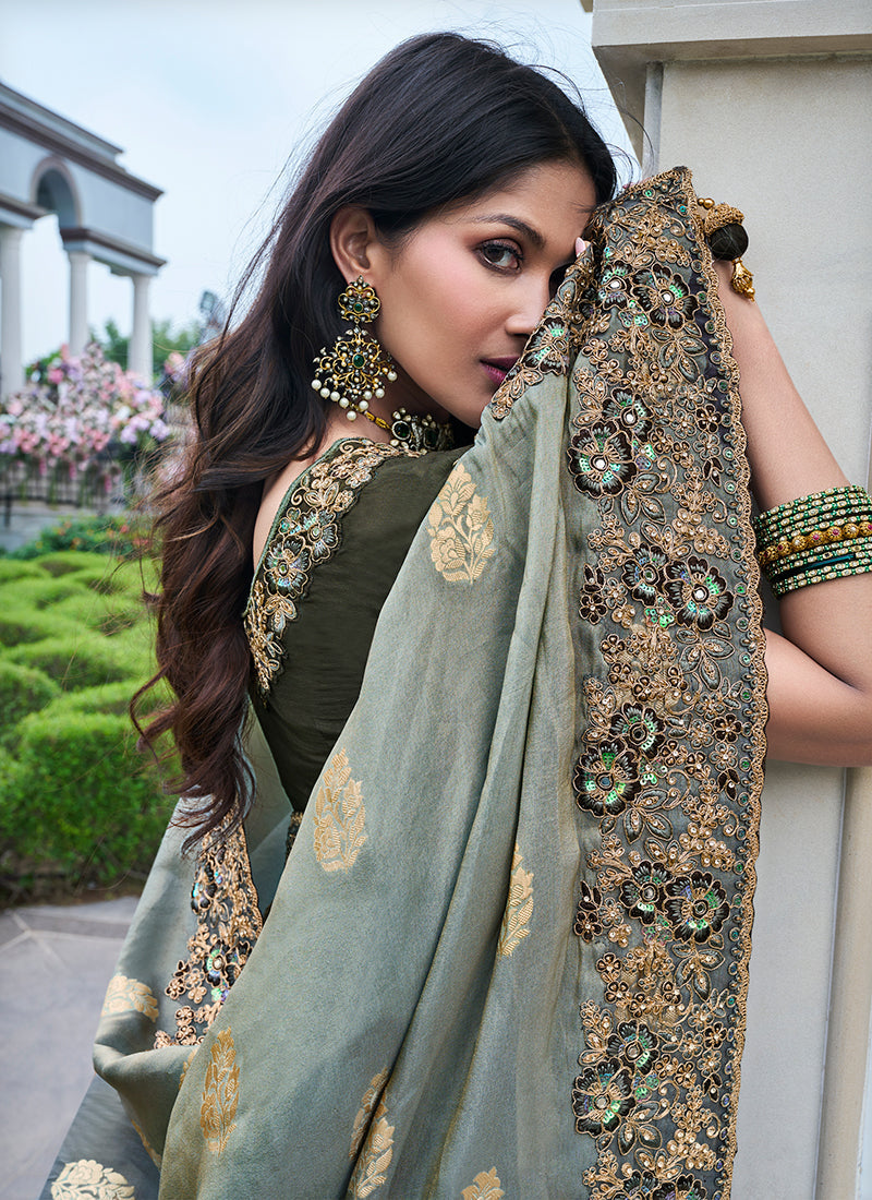 Grey Ombré Multi Embroidery Tissue Silk Saree