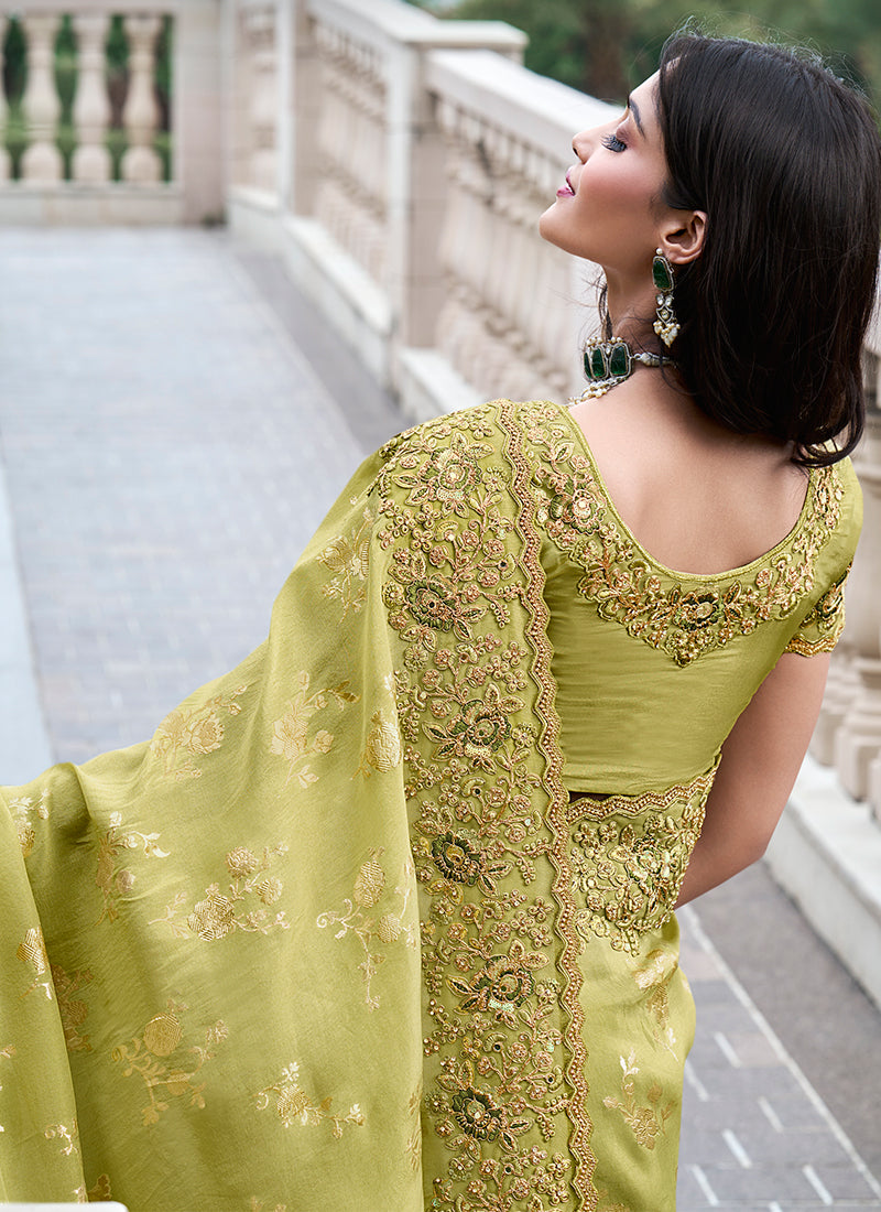 Lime Green Multi Embroidery Tissue Silk Saree