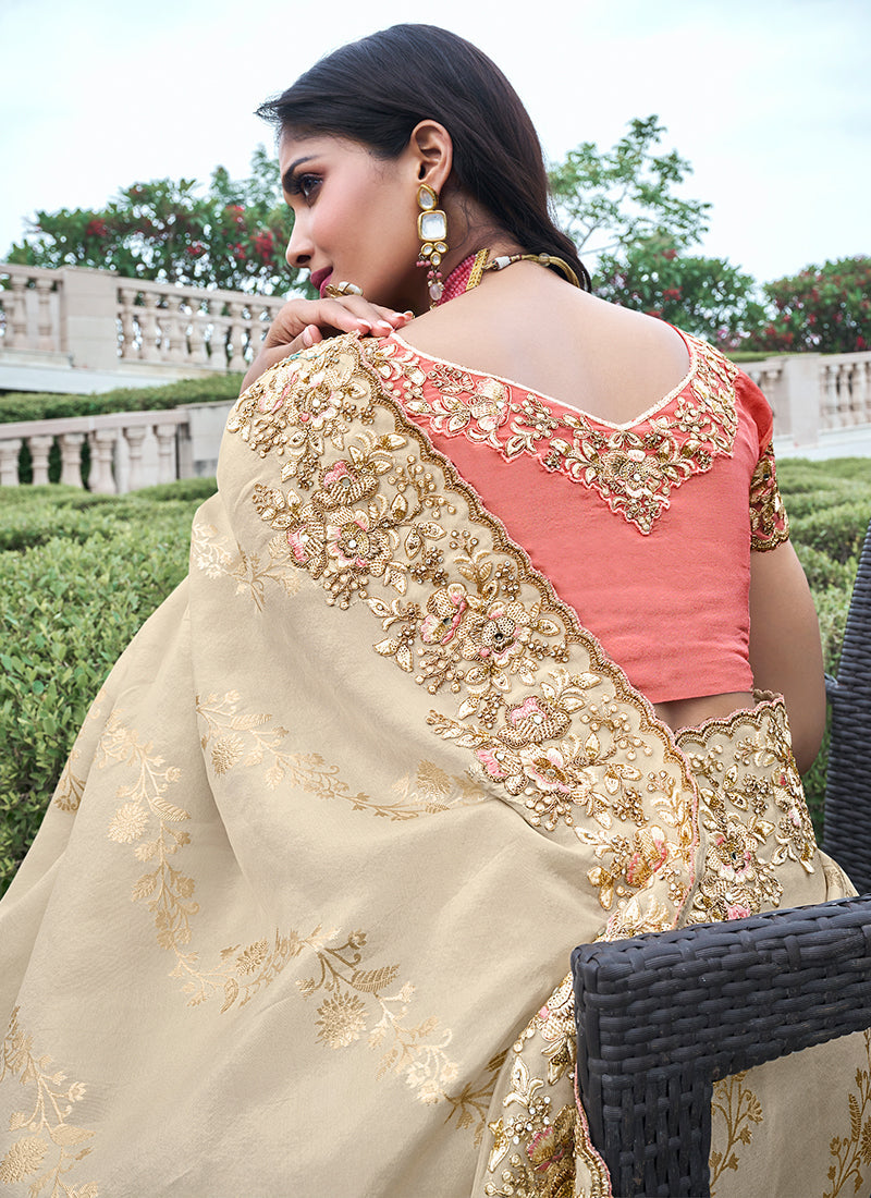 Beige Golden Multi Embroidery Tissue Silk Saree