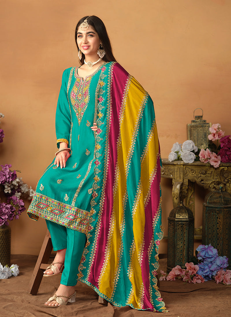 Teal Blue Multi Embroidery Traditional Pant Style Suit