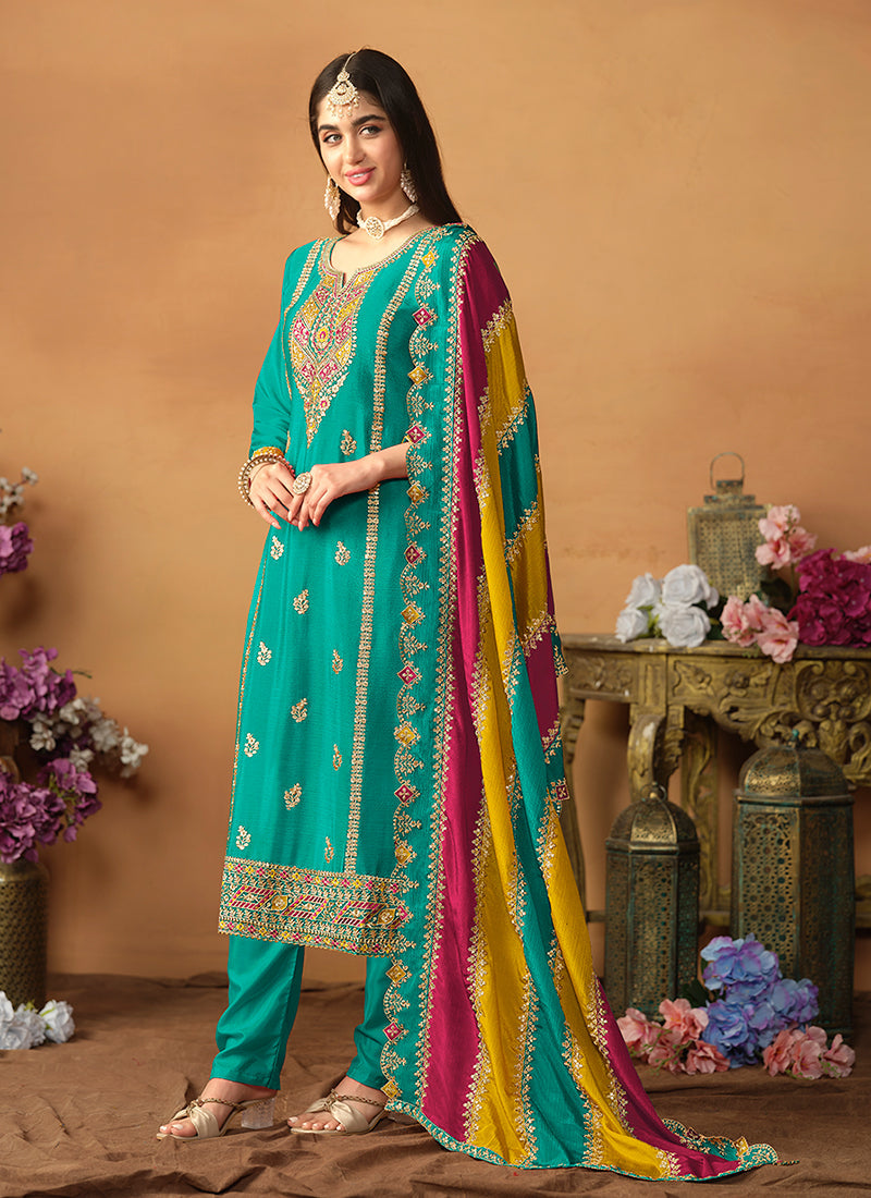 Teal Blue Multi Embroidery Traditional Pant Style Suit