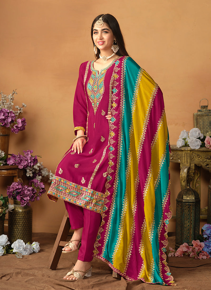 Magenta Multi Embroidery Traditional Pant Style Suit