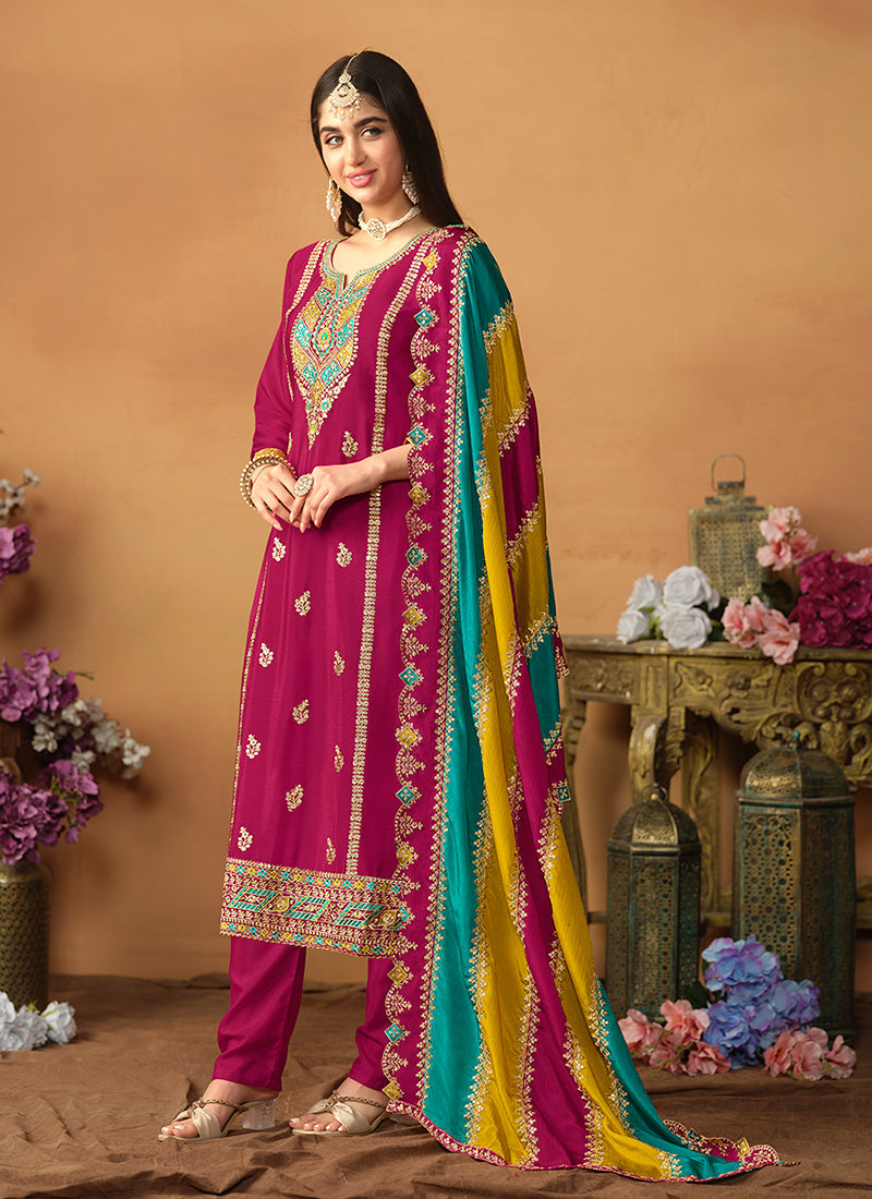 Magenta Multi Embroidery Traditional Pant Style Suit