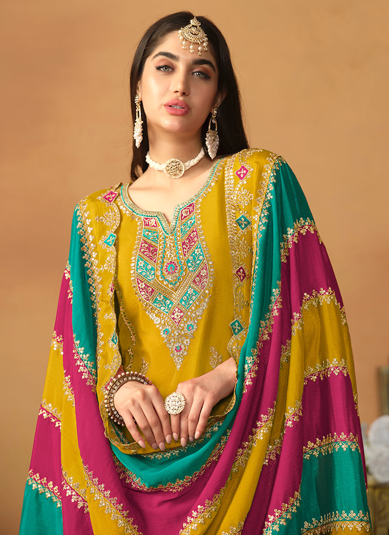 Yellow Multi Embroidery Traditional Pant Style Suit