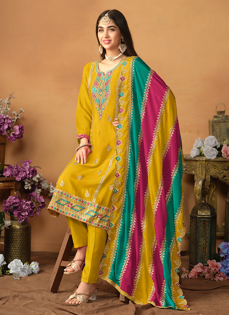 Yellow Multi Embroidery Traditional Pant Style Suit