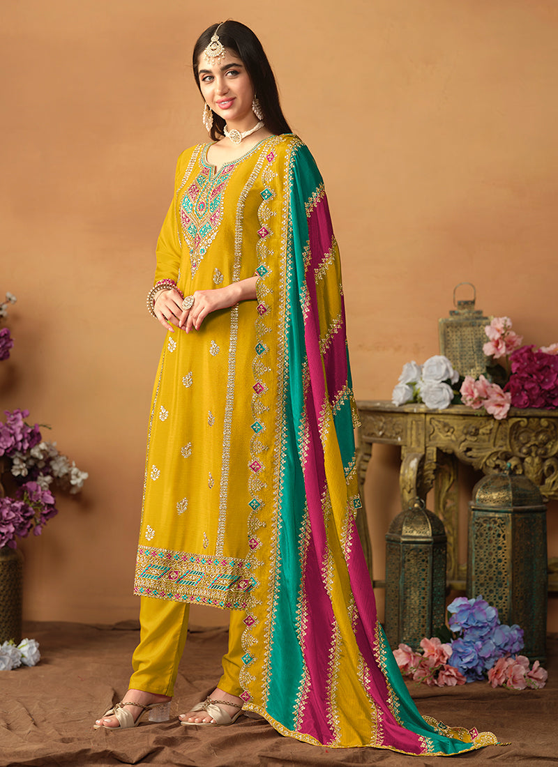 Yellow Multi Embroidery Traditional Pant Style Suit