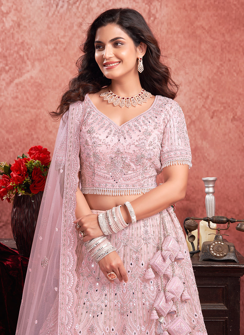 Blush Pink Mirror Embroidery Wedding Lehenga Choli