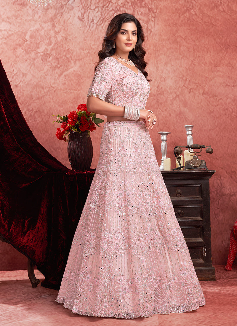 Blush Pink Mirror Embroidery Wedding Lehenga Choli