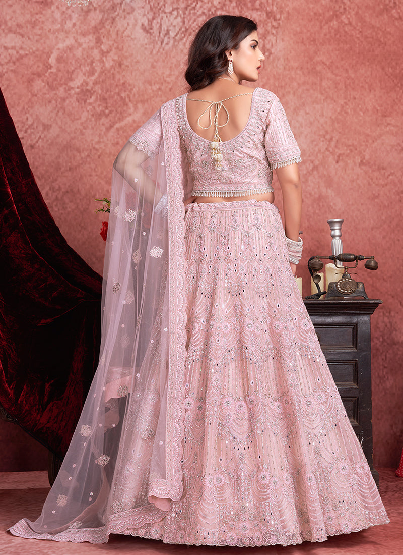 Blush Pink Mirror Embroidery Wedding Lehenga Choli