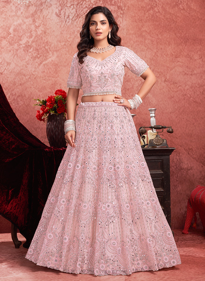 Blush Pink Mirror Embroidery Wedding Lehenga Choli