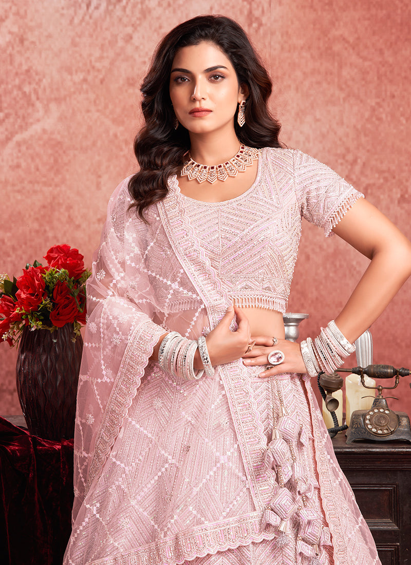 Soft Pink Mirror Embroidery Wedding Lehenga Choli