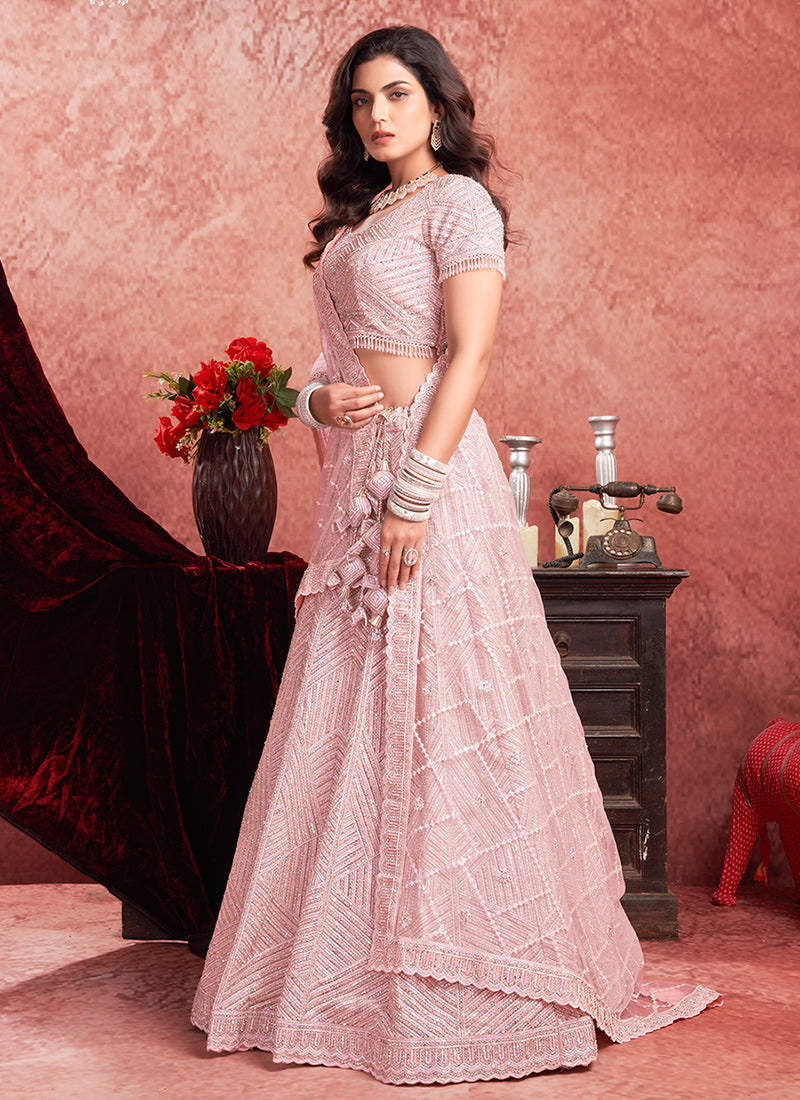 Soft Pink Mirror Embroidery Wedding Lehenga Choli