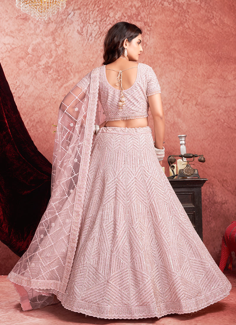 Soft Pink Mirror Embroidery Wedding Lehenga Choli