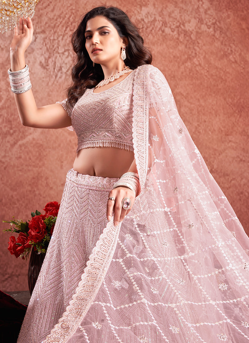 Soft Pink Mirror Embroidery Wedding Lehenga Choli