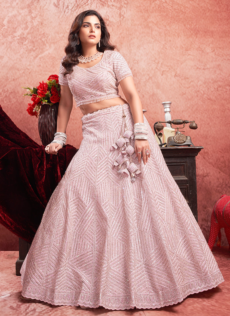 Soft Pink Mirror Embroidery Wedding Lehenga Choli