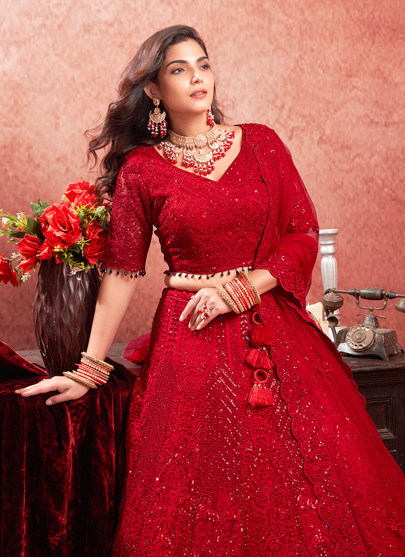 Red Mirror Embroidery Wedding Lehenga Choli