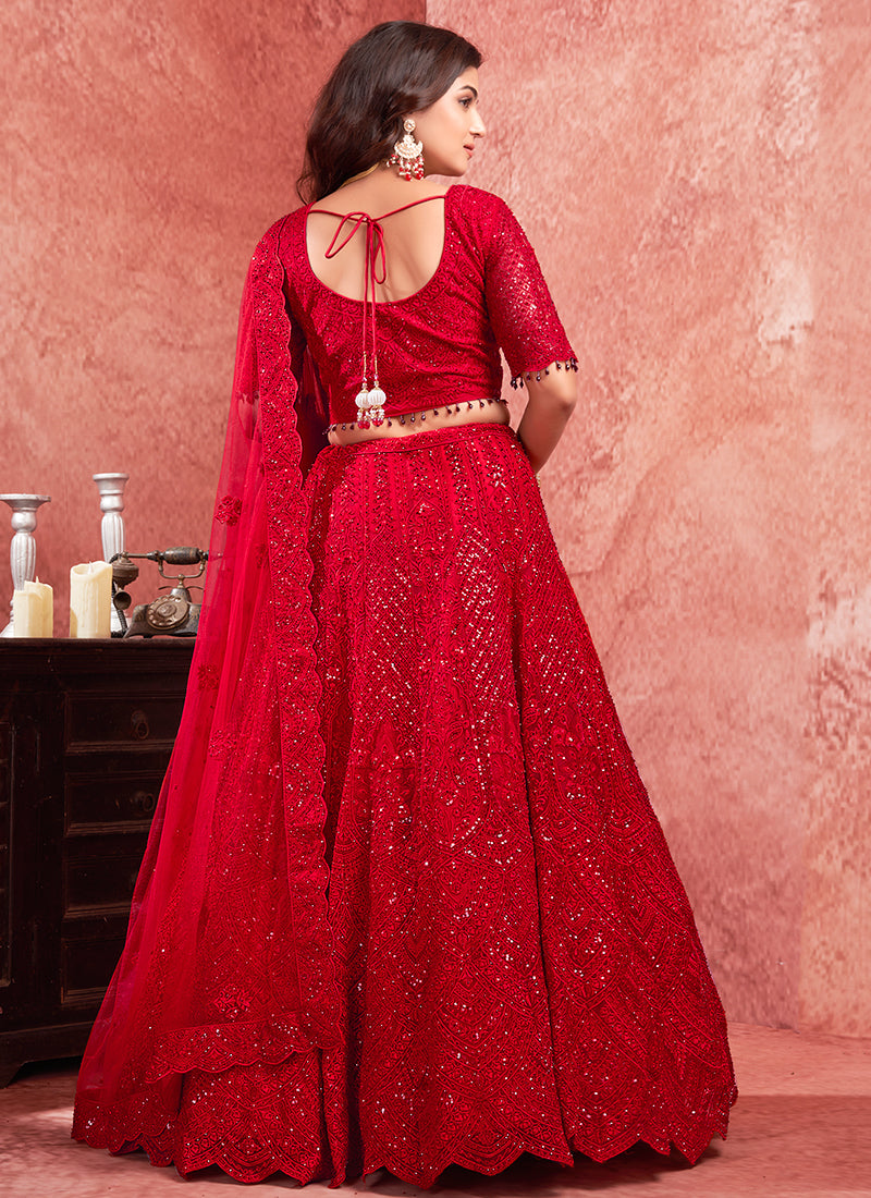 Red Mirror Embroidery Wedding Lehenga Choli