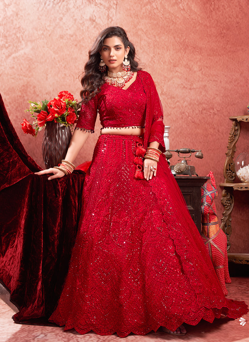 Red Mirror Embroidery Wedding Lehenga Choli