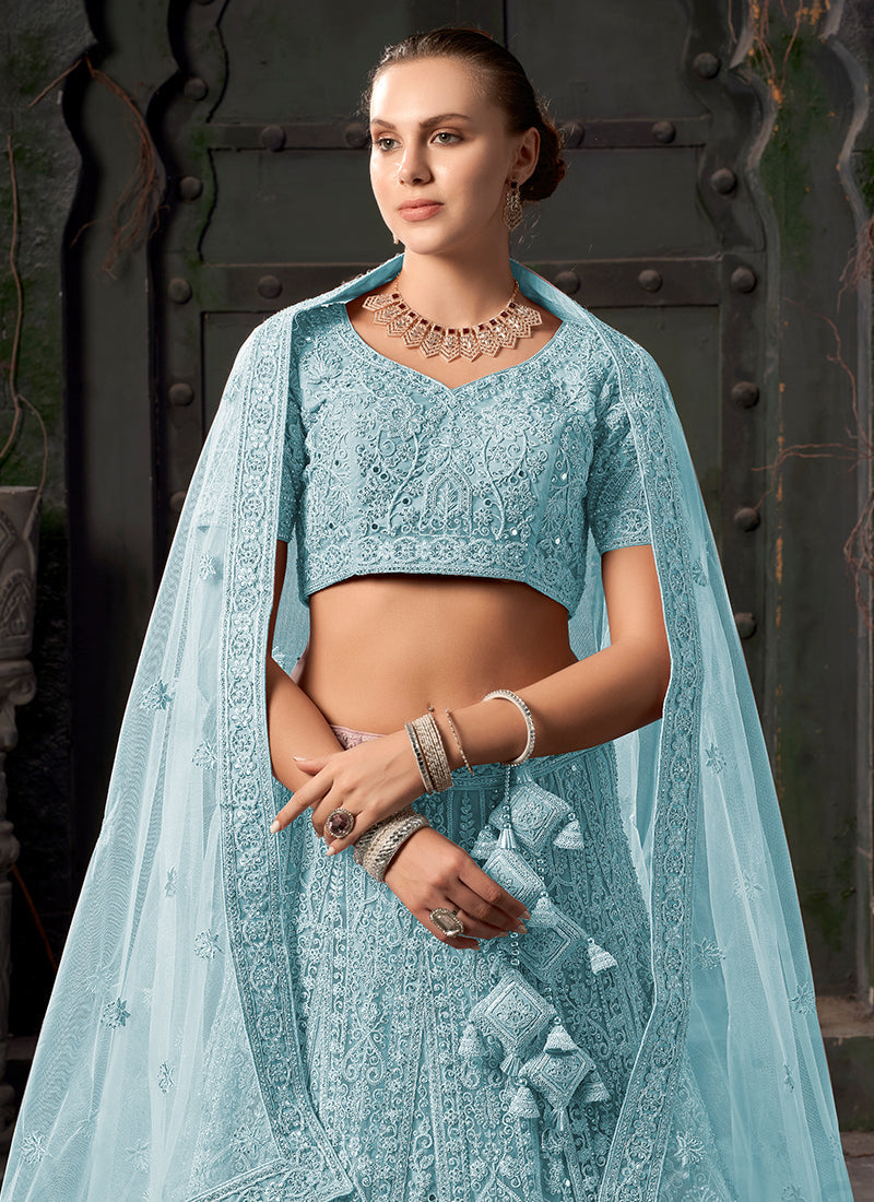 Sky Blue Reshamkari Embroidery Bridal Lehenga Choli