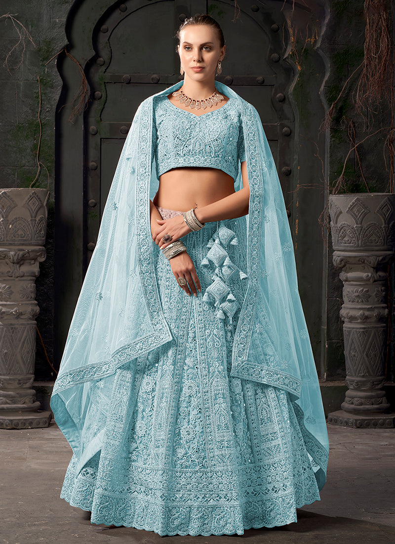 Sky Blue Reshamkari Embroidery Bridal Lehenga Choli