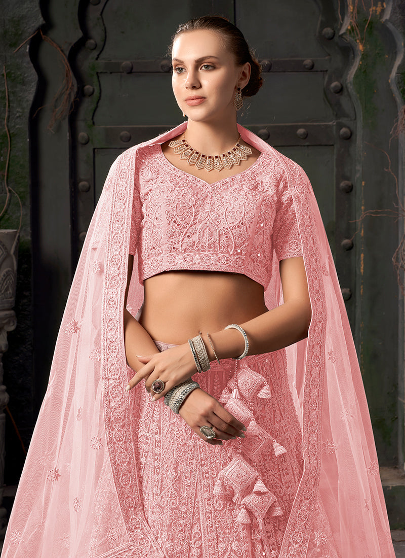 Light Pink Reshamkari Embroidery Bridal Lehenga Choli