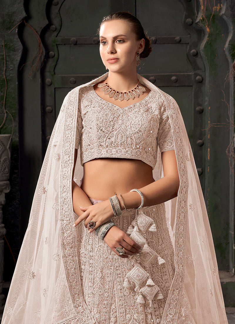 Beige Ivory Reshamkari Embroidery Bridal Lehenga Choli