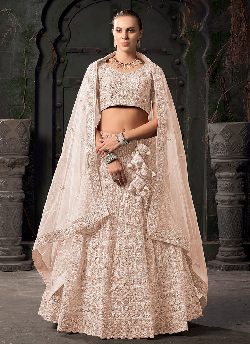 Beige Ivory Reshamkari Embroidery Bridal Lehenga Choli