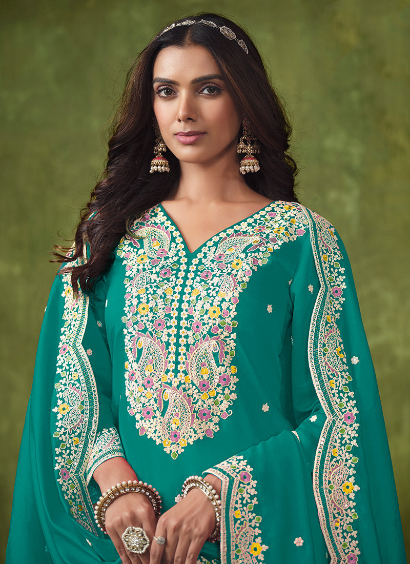 Turquoise Multi Embroidered Punjabi Suit