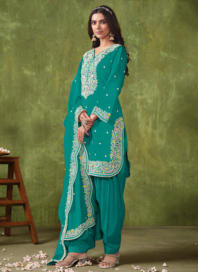 Turquoise Multi Embroidered Punjabi Suit