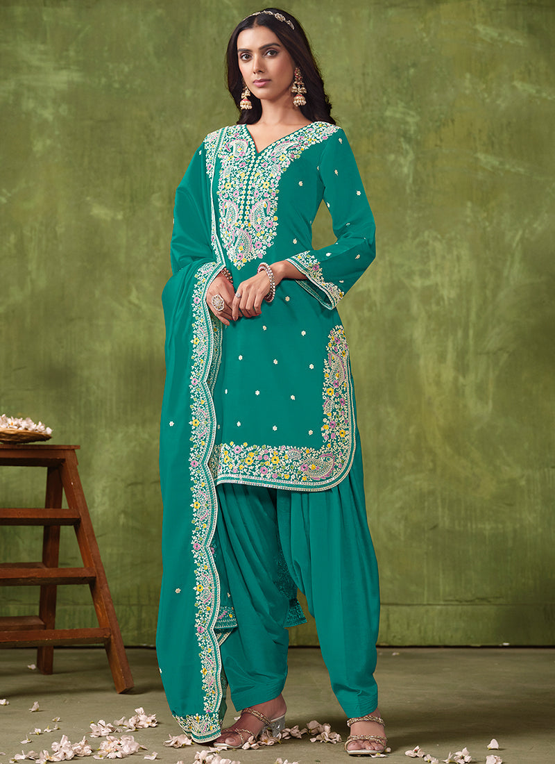 Turquoise Multi Embroidered Punjabi Suit