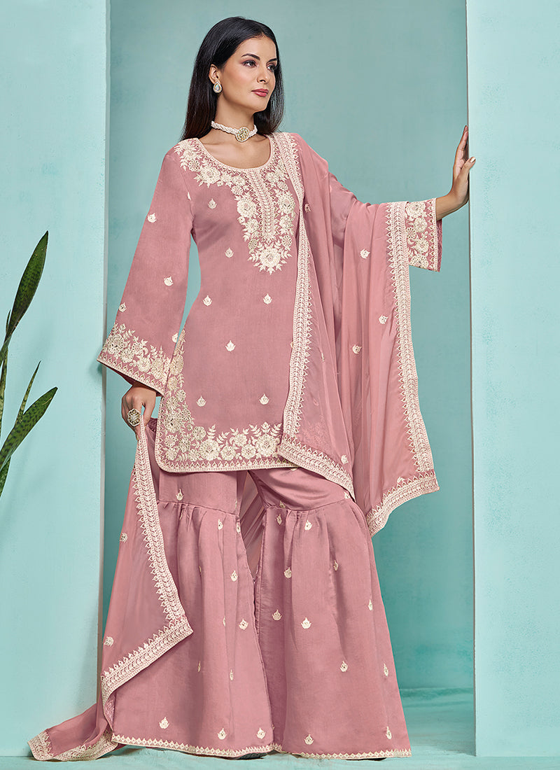 Pink Designer Embroidery Wedding Gharara Suit