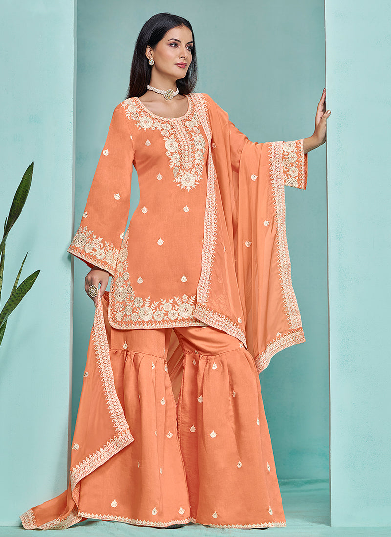 Orange Designer Embroidery Wedding Gharara Suit