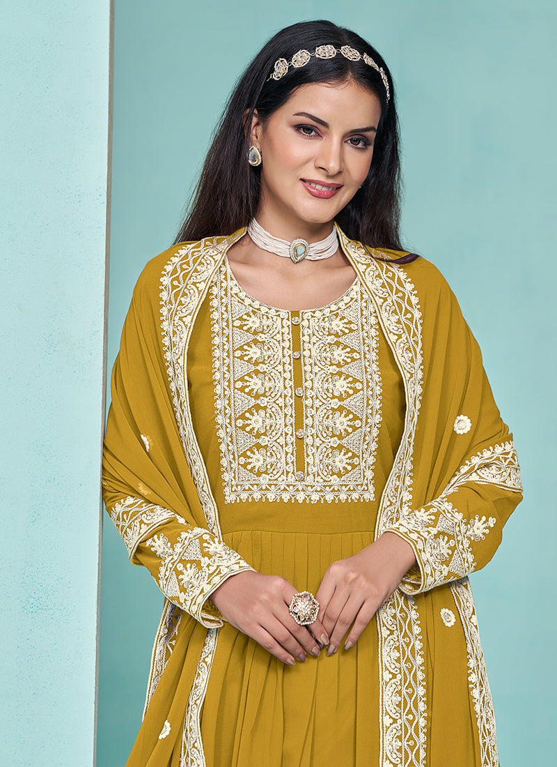 Yellow Thread Embroidery Pleated Anarkali Palazzo Suit