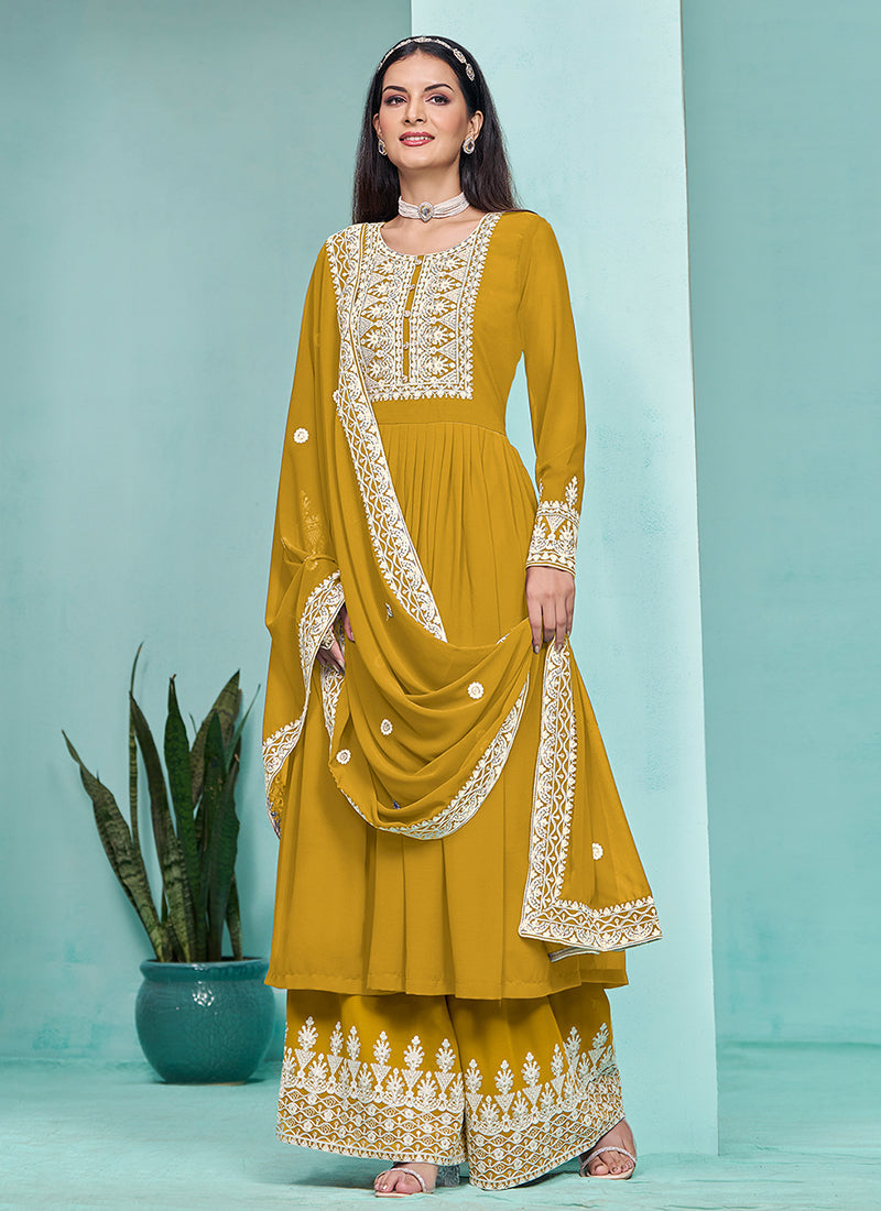 Yellow Thread Embroidery Pleated Anarkali Palazzo Suit