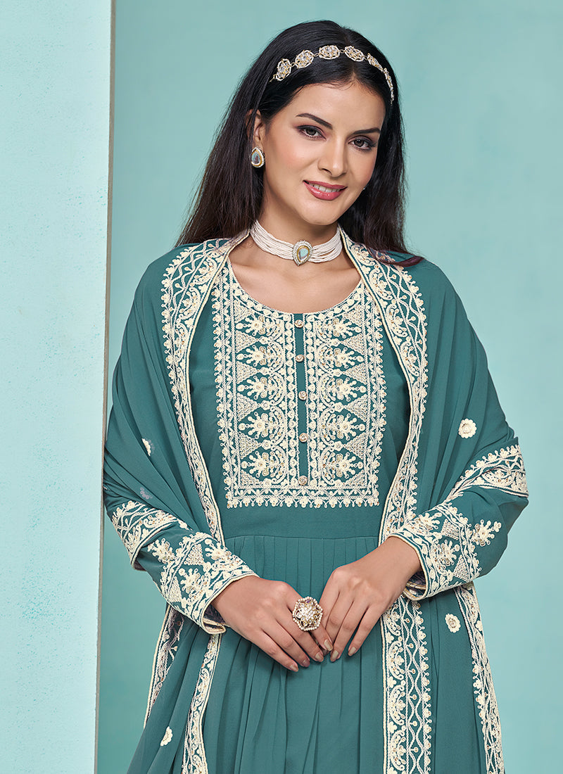 Turquoise Thread Embroidery Pleated Anarkali Palazzo Suit