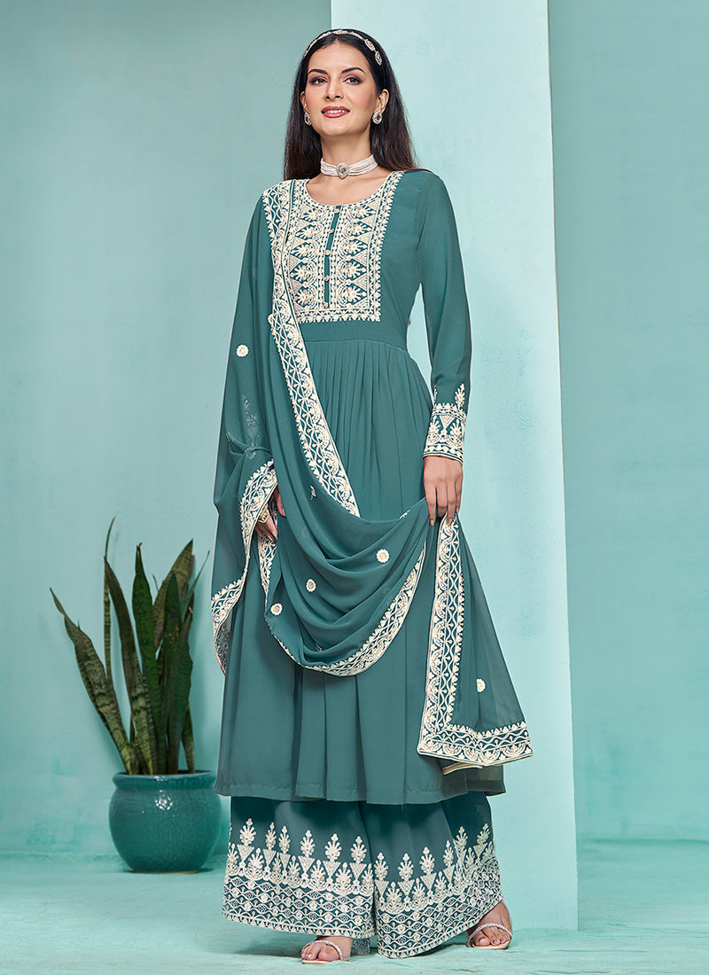 Turquoise Thread Embroidery Pleated Anarkali Palazzo Suit