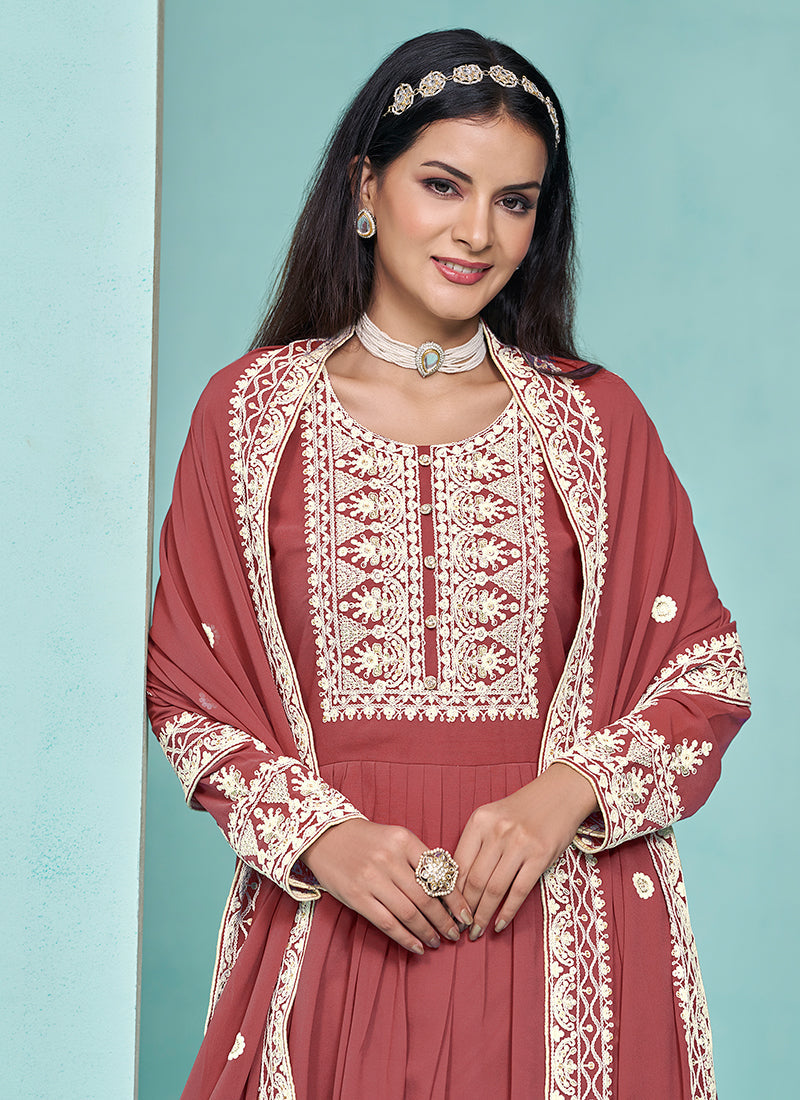 Rust Red Thread Embroidery Pleated Anarkali Palazzo Suit