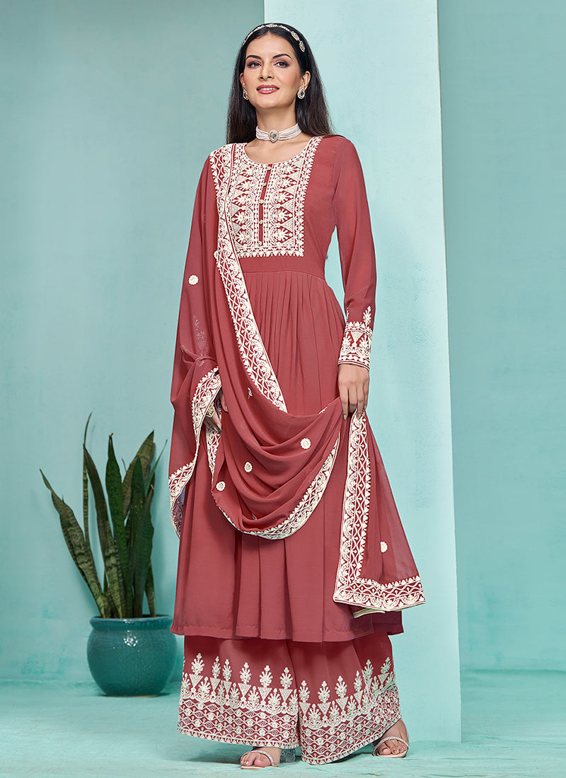 Rust Red Thread Embroidery Pleated Anarkali Palazzo Suit