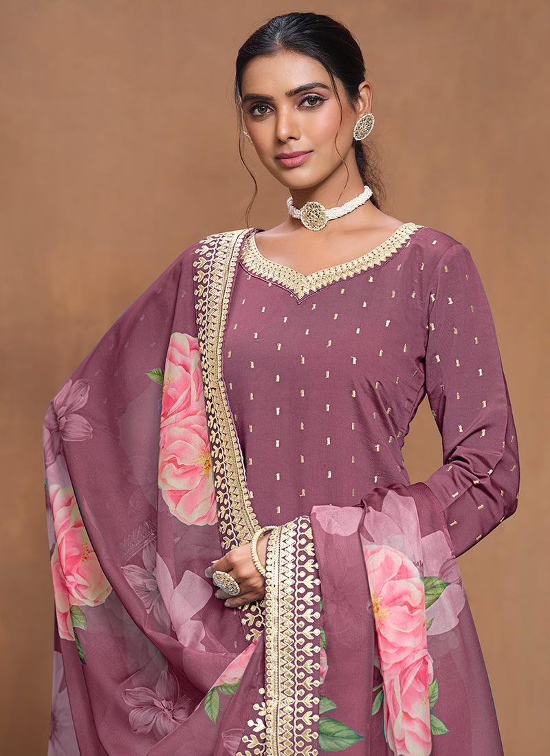 Purple Embroidered Silk Gharara Suit