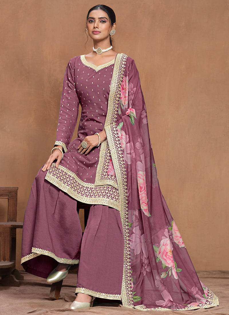 Purple Embroidered Silk Gharara Suit