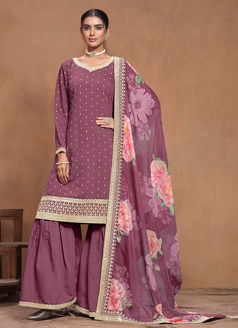 Purple Embroidered Silk Gharara Suit