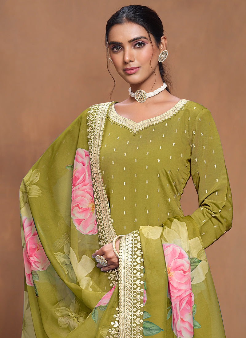 Lime Green Embroidered Silk Gharara Suit