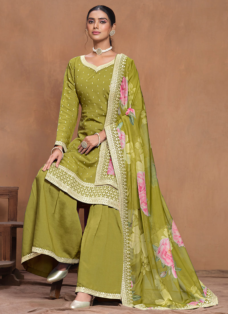 Lime Green Embroidered Silk Gharara Suit