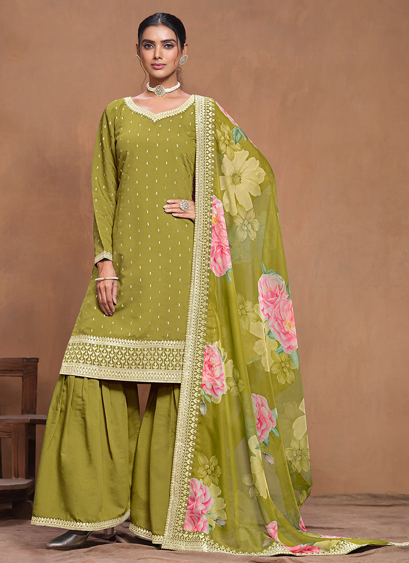 Lime Green Embroidered Silk Gharara Suit