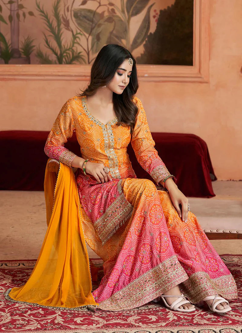 Amber Pink Ombré Embroidered Kurti And Palazzo