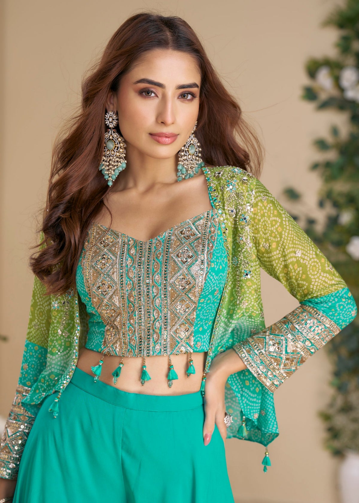 Buy Aqua Green Embroidery Jacket Style Palazzo Set