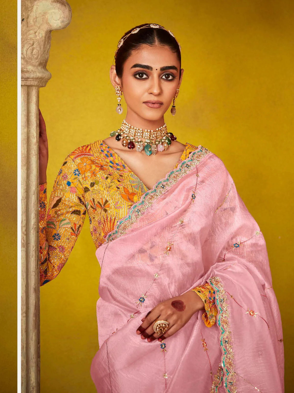 Baby Pink And Yellow Multi Embroidery Silk Saree 