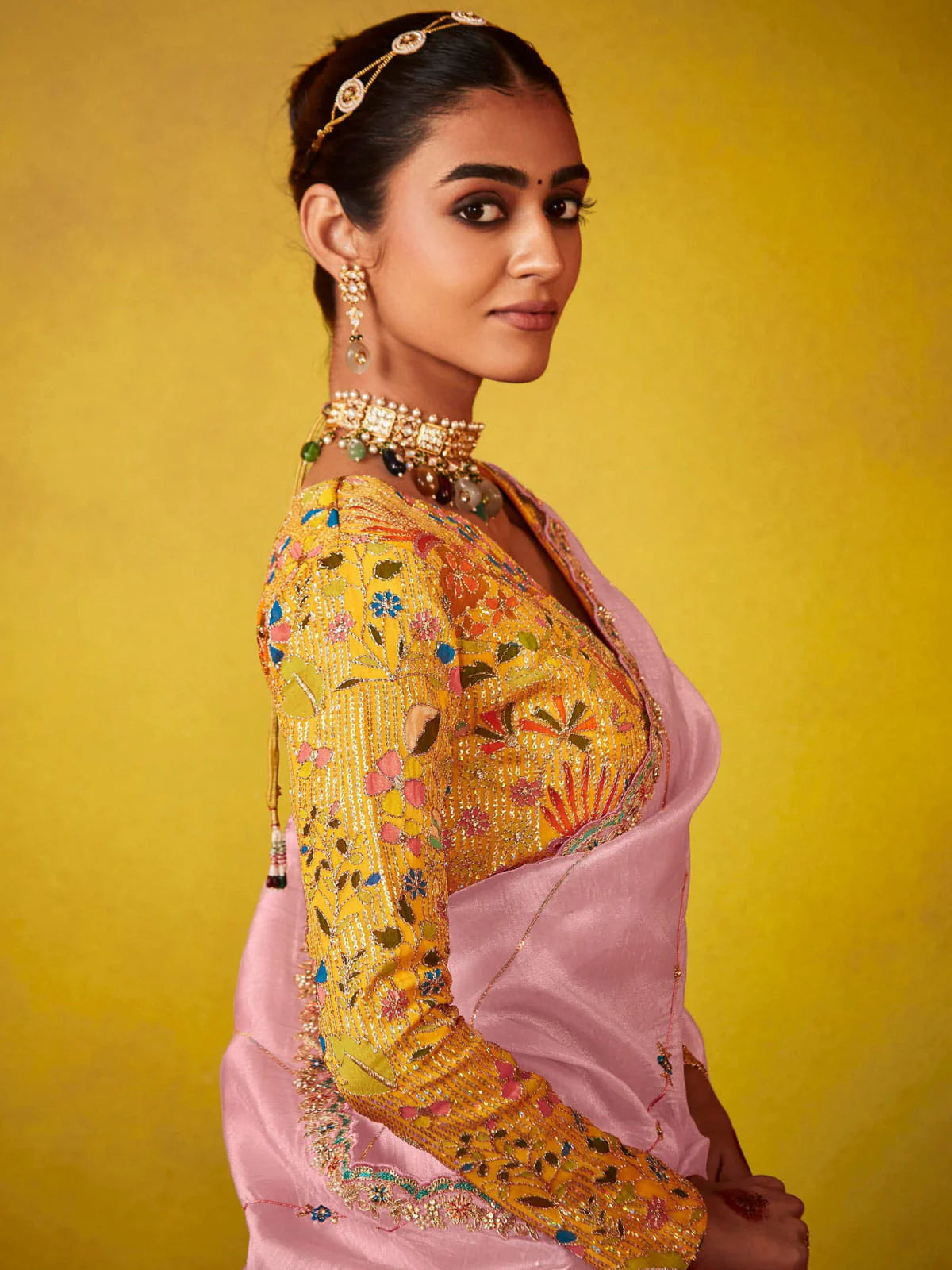 Baby Pink And Yellow Multi Embroidery Silk Saree 